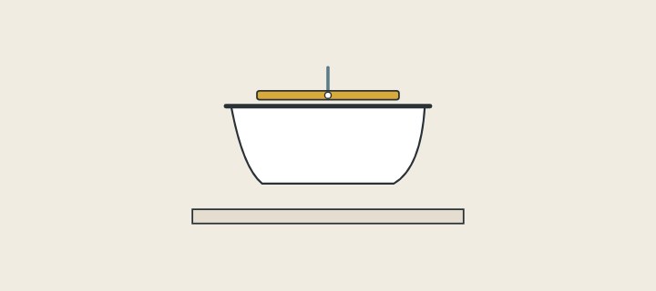 Illustration: a freestanding bathtub lowered onto a floor with a level across its rim