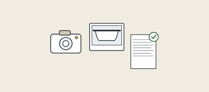 Illustration: a camera, a photograph of a bathtub and a document with a tick