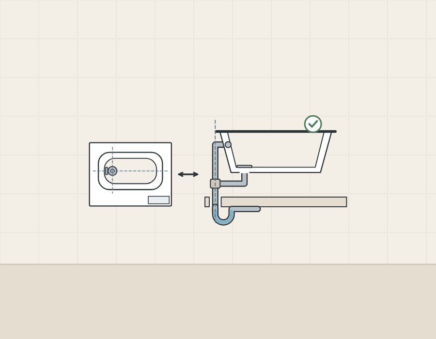 Illustration of a tub drawing beside a tub in section whose waste lines up with a pipe through the floor