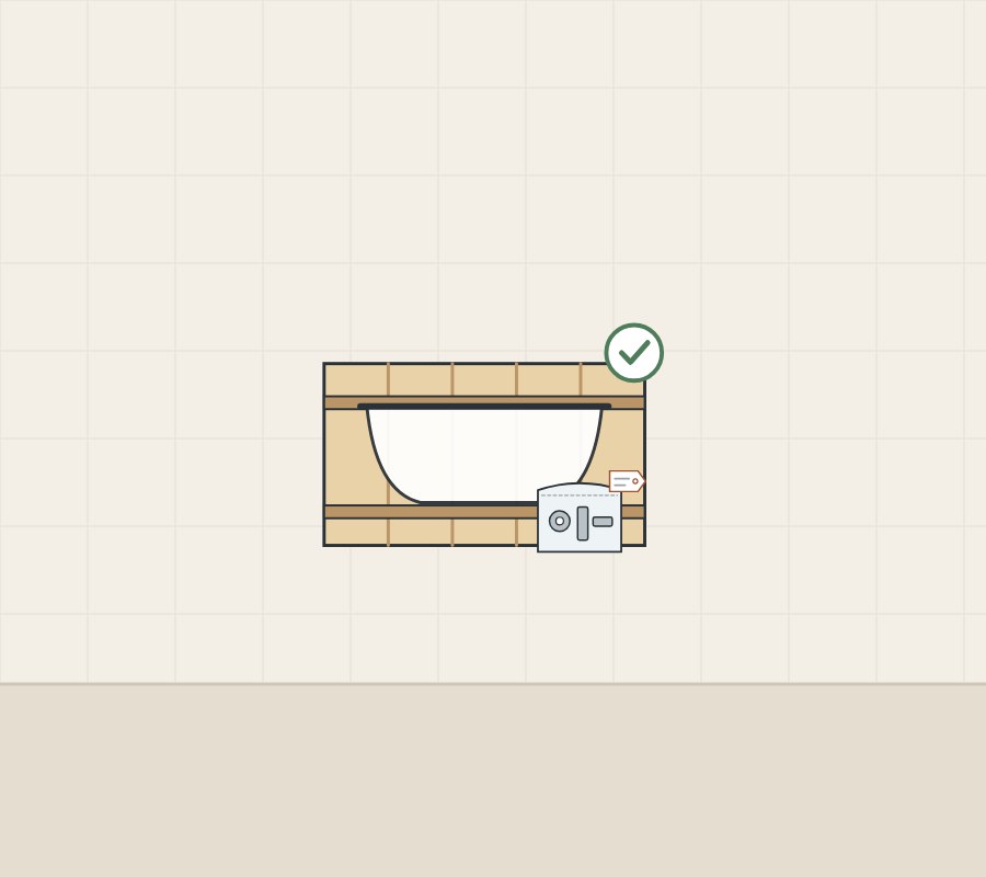 Illustration of a bathtub in a wooden crate with a tagged bag of drain parts and a tick