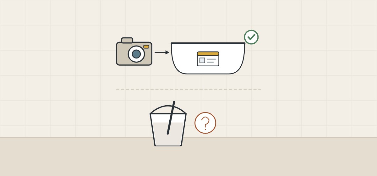 Illustration of a camera viewing a tub with an ID card and a tick beside a mixing bucket with a question mark