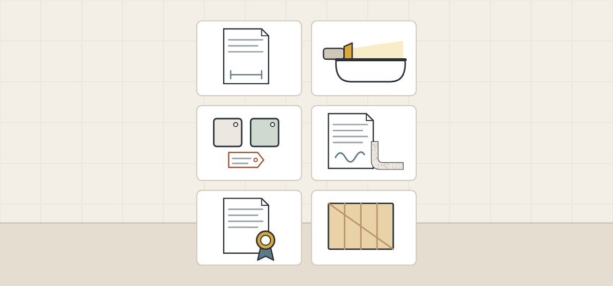 Illustration of six panels showing a drawing, a low lamp on a surface, color chips, a signed document with a cut piece, a sealed document and a crate