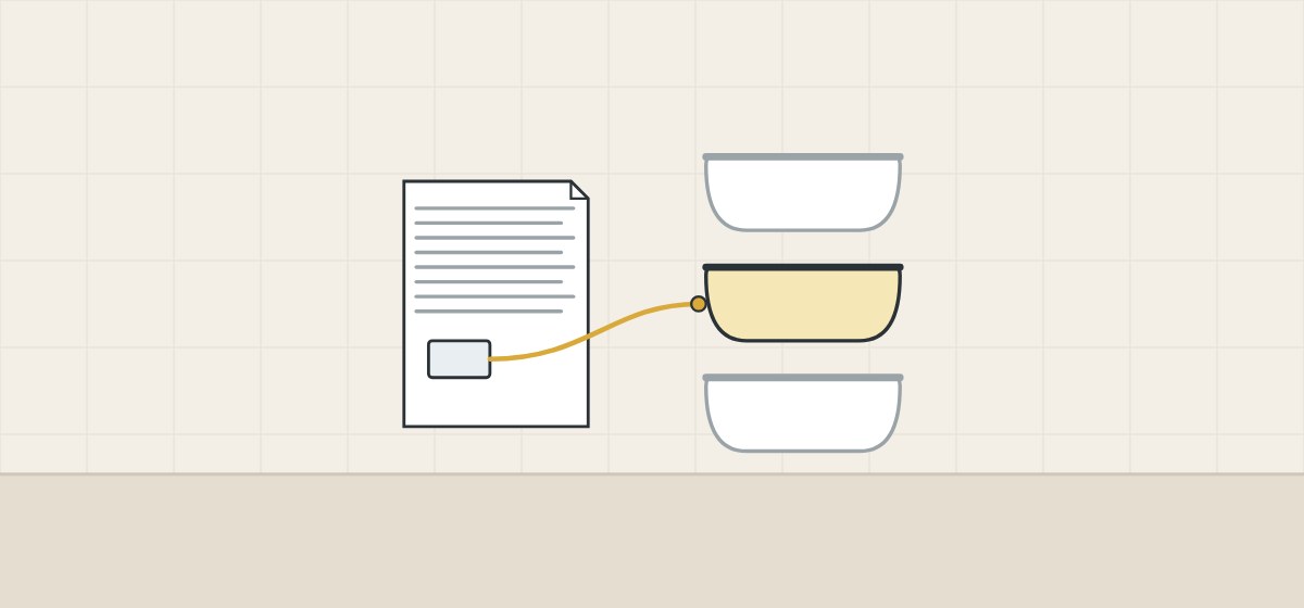 Illustration of a report document joined by a line to one of three tubs