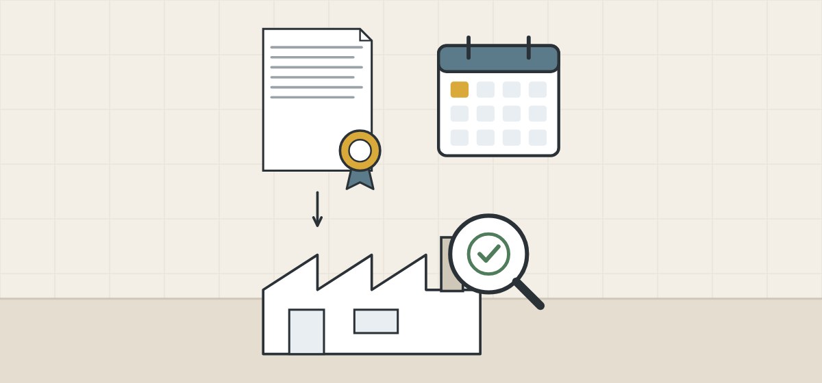 Illustration of a sealed document, a factory under a magnifier with a tick and a calendar with one day marked