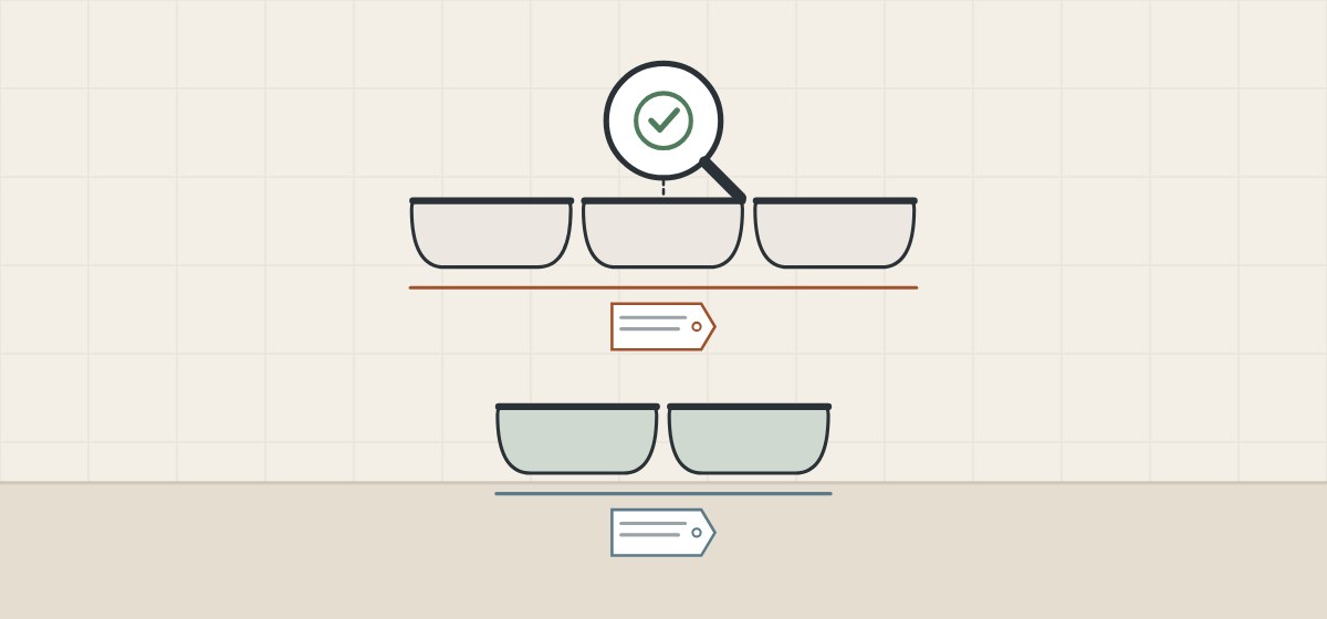 Illustration of five tubs in two tagged lots with a magnifier and a tick over one tub