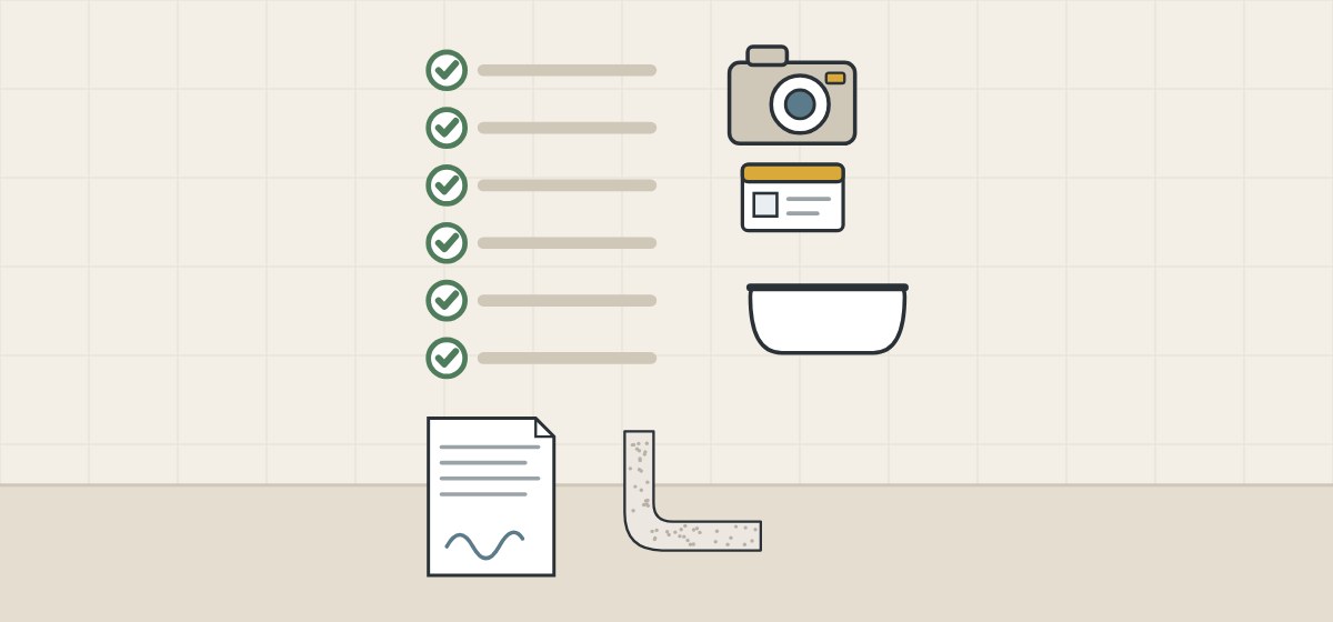 Illustration of a ticked checklist with a camera, an ID card, a tub, a signed document and a cut piece of tub wall