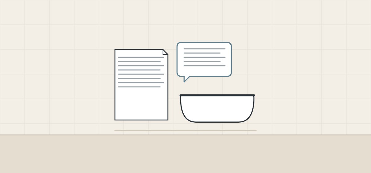 Illustration of a document, a message bubble and a freestanding tub