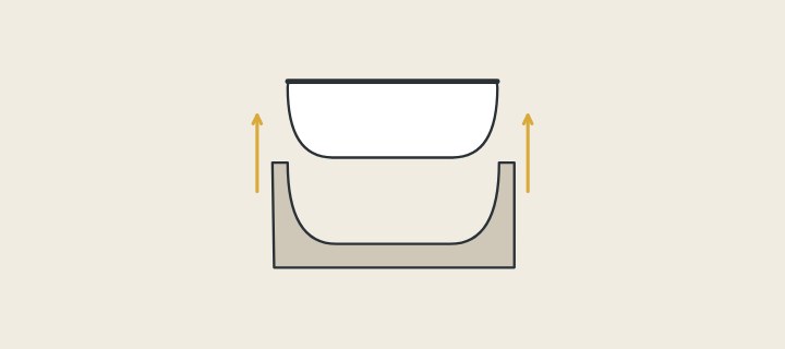 Illustration of a cast tub raised above an open mold shell