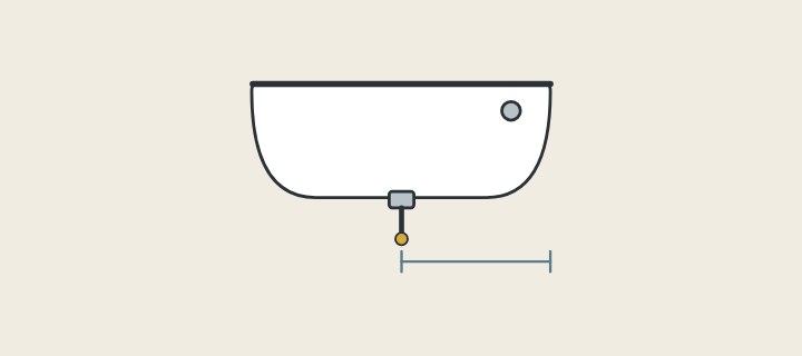 Illustration of a tub in side view with its drain, overflow and a dimension line
