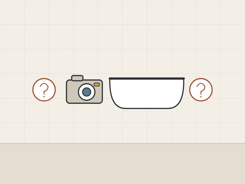 Illustration of a camera and a freestanding tub between two question marks