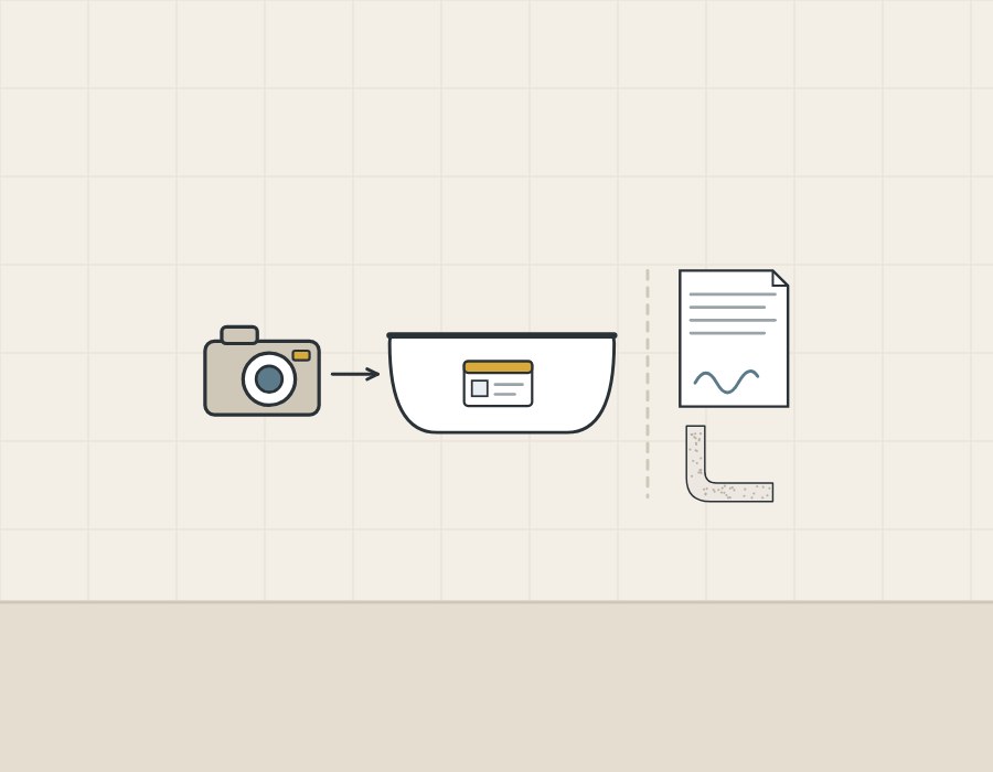 Illustration of a camera pointed at a tub with an ID card beside a signed document above a cut piece of tub wall