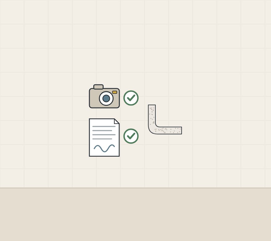 Illustration of a camera with a tick, a signed document with a tick and a cut piece of tub wall