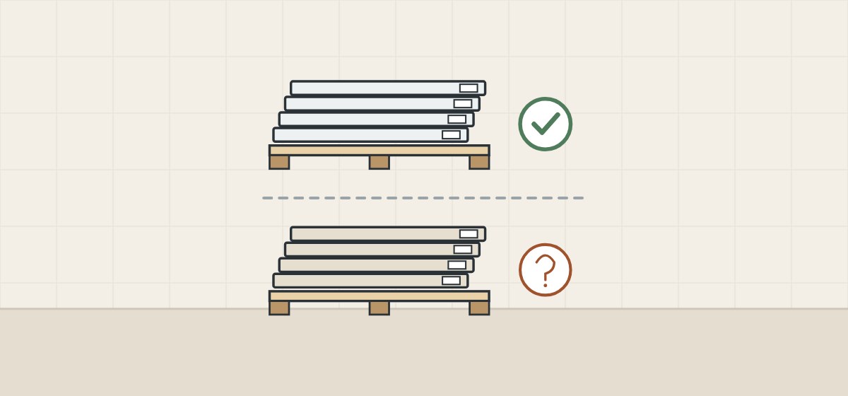 Illustration of two pallets of solid surface sheet in slightly different tones, one above the other, with a tick beside one and a question mark beside the other