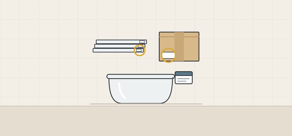 Illustration of a stack of sheets, a carton and a bathtub, each with its batch label circled or attached