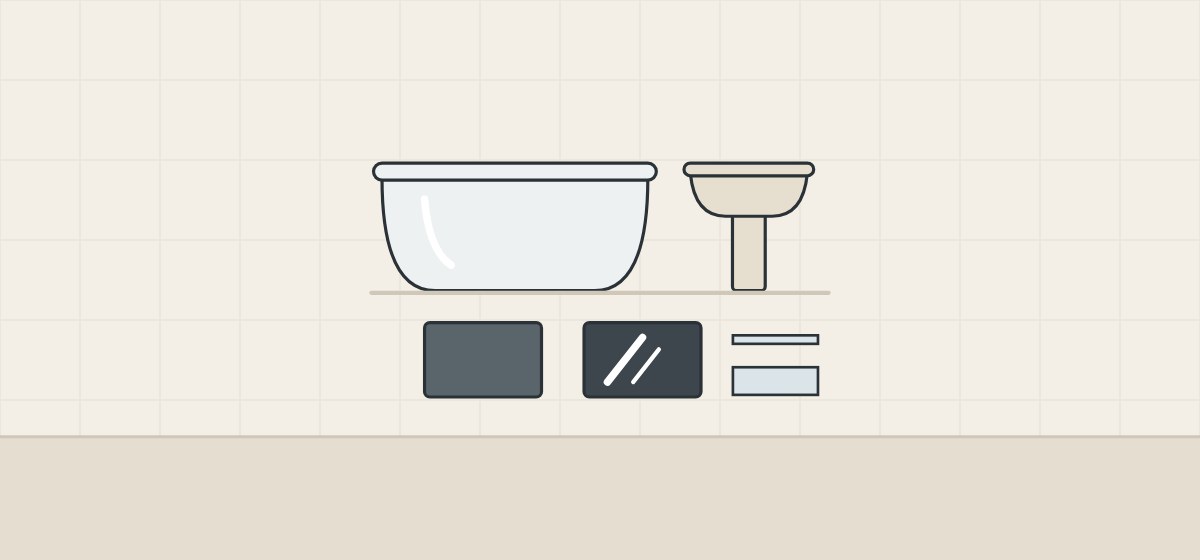 Illustration of a bathtub and a basin in slightly different tones above matte and glossy dark chips and thin and thick pieces