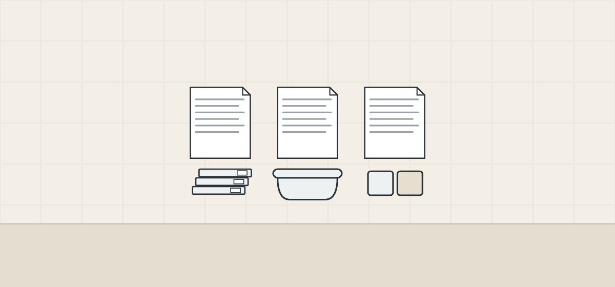 Illustration of three documents above a stack of sheet, a bathtub and a pair of color chips