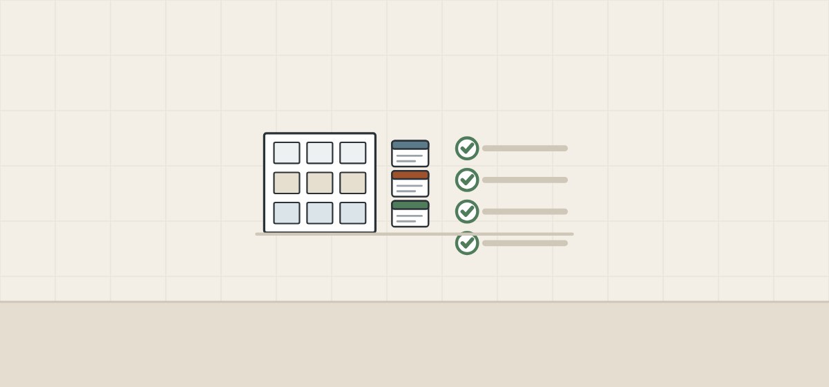 Illustration of a three-floor building with each floor in one tone and its own batch label, beside a ticked checklist