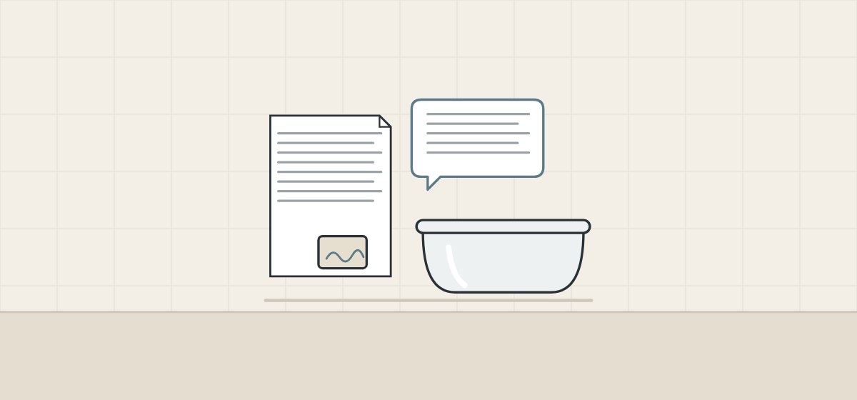 Illustration of a document with a signed color chip, a message bubble and a bathtub