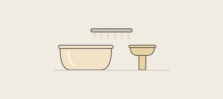 Illustration: a lamp above a bathtub and a pedestal basin in two warm tones