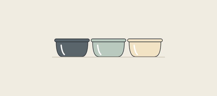 Illustration: three freestanding bathtubs in a dark, a green-grey and a warm pale color