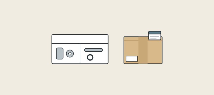 Illustration: an open parts box holding small fittings beside a labeled carton