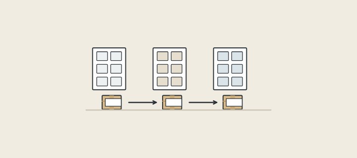 Illustration: three buildings in a row, each with its own carton, linked by arrows