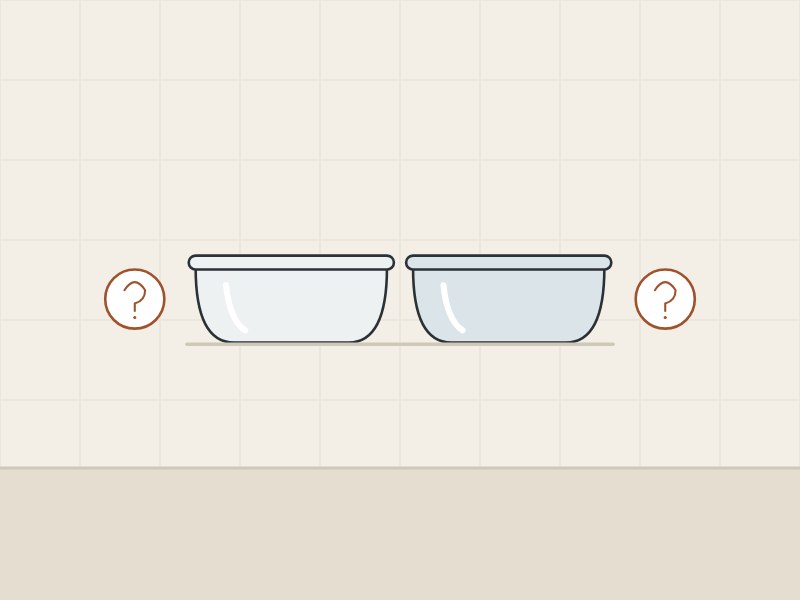 Illustration of two bathtubs in slightly different tones between two question marks