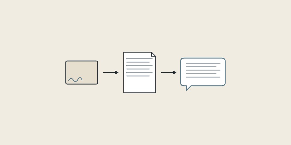 Illustration of a signed color chip, a document and a message bubble linked by arrows