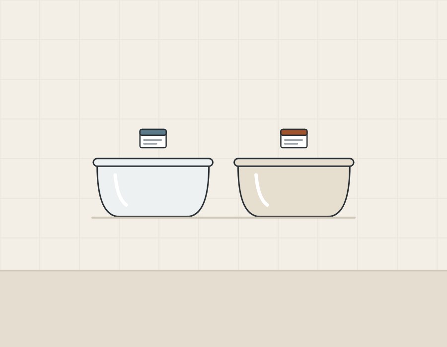 Illustration of two identical freestanding bathtubs in slightly different tones, each with its own batch label