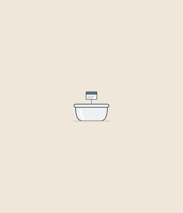 Illustration of a freestanding bathtub with a batch label attached above its rim