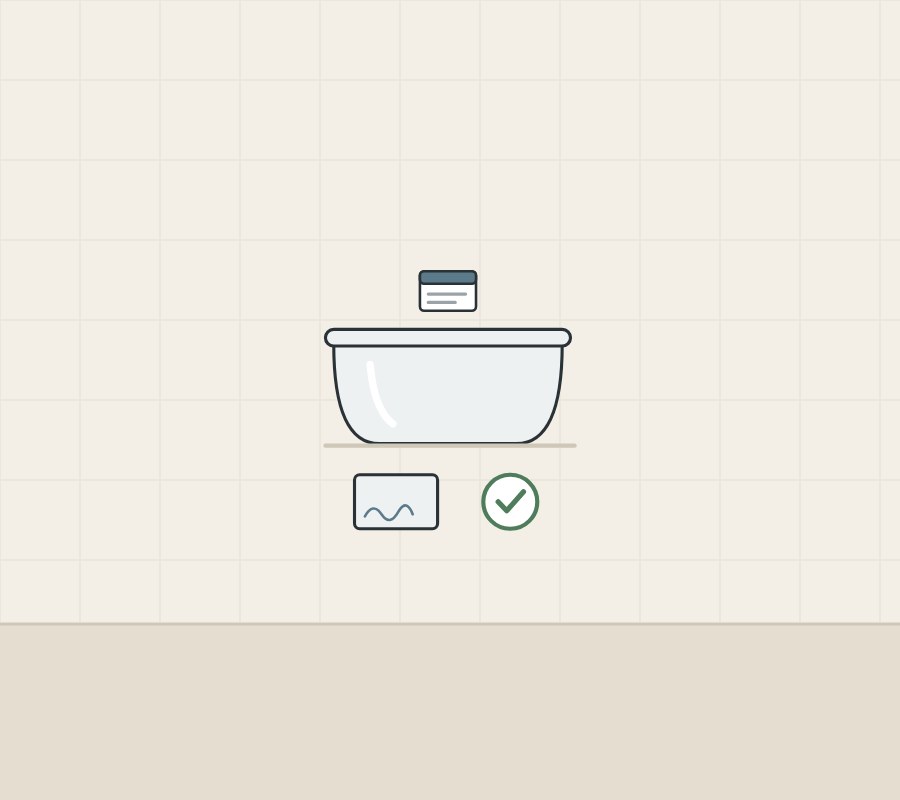 Illustration of a bathtub with a batch label above a signed reference chip and a tick