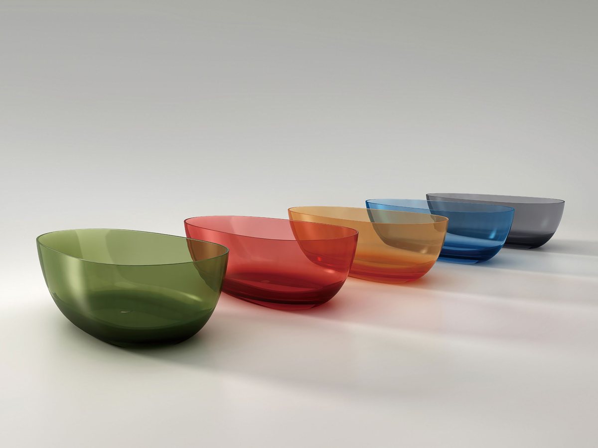 A row of cast bathtubs in different colors