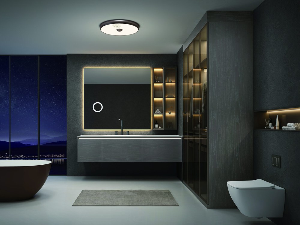 A solid wood vanity in a boutique hotel bathroom