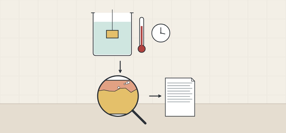 Illustration of a brass specimen in a beaker with a thermometer and clock, a magnified section and a report