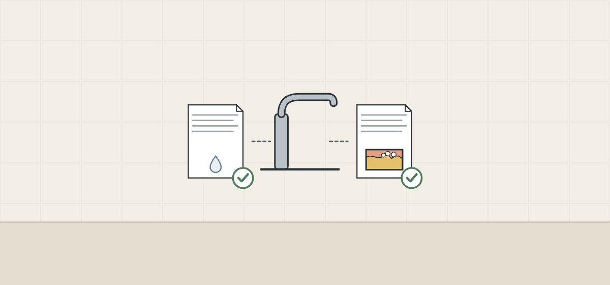 Illustration of a faucet between a document marked with a water drop and a document marked with a brass section, each ticked