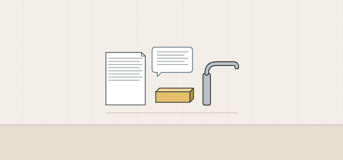 Illustration of a document, a message bubble, a brass bar and a faucet