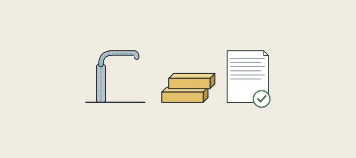 Illustration: a faucet with its waterway marked, two brass bars and a ticked document
