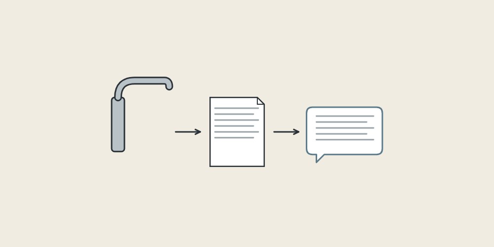 Illustration of a faucet, a document and a message bubble linked by arrows