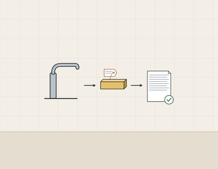 Illustration of a faucet, a tagged brass bar and a ticked document linked by arrows