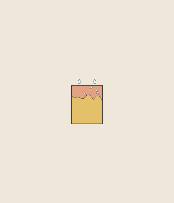 Illustration of a brass block in section under water drops with a pink porous layer on the water side