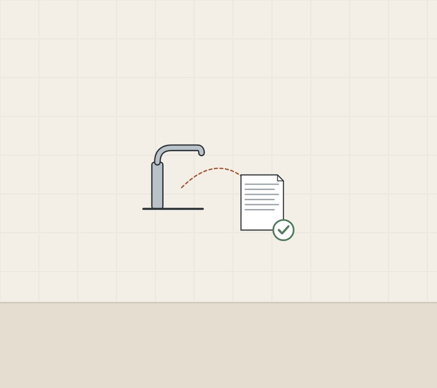 Illustration of a faucet joined by a dashed line to a ticked document