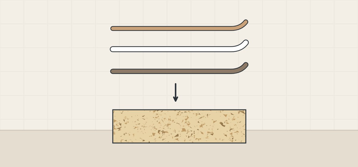 Illustration of three thin facing sheets seen on edge above an arrow pointing down to a particle core
