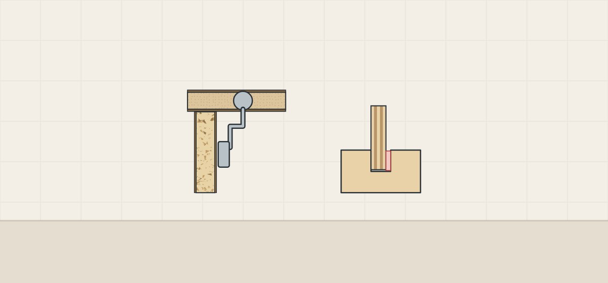 Illustration of a door on a concealed hinge fixed to a cabinet side panel, beside a thin panel standing loosely in a groove