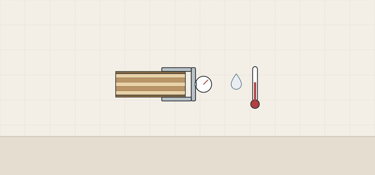 Illustration of a thickness gauge clamped on a faced panel edge beside a water drop and a thermometer