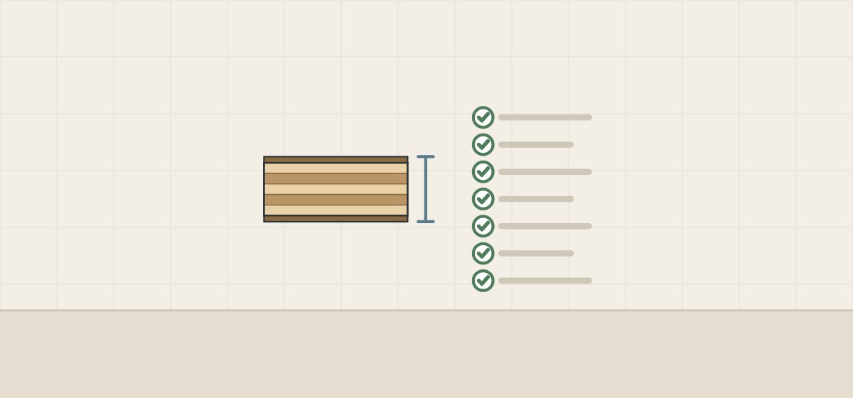 Illustration of a faced panel edge with a thickness bracket beside a checklist of seven checked lines