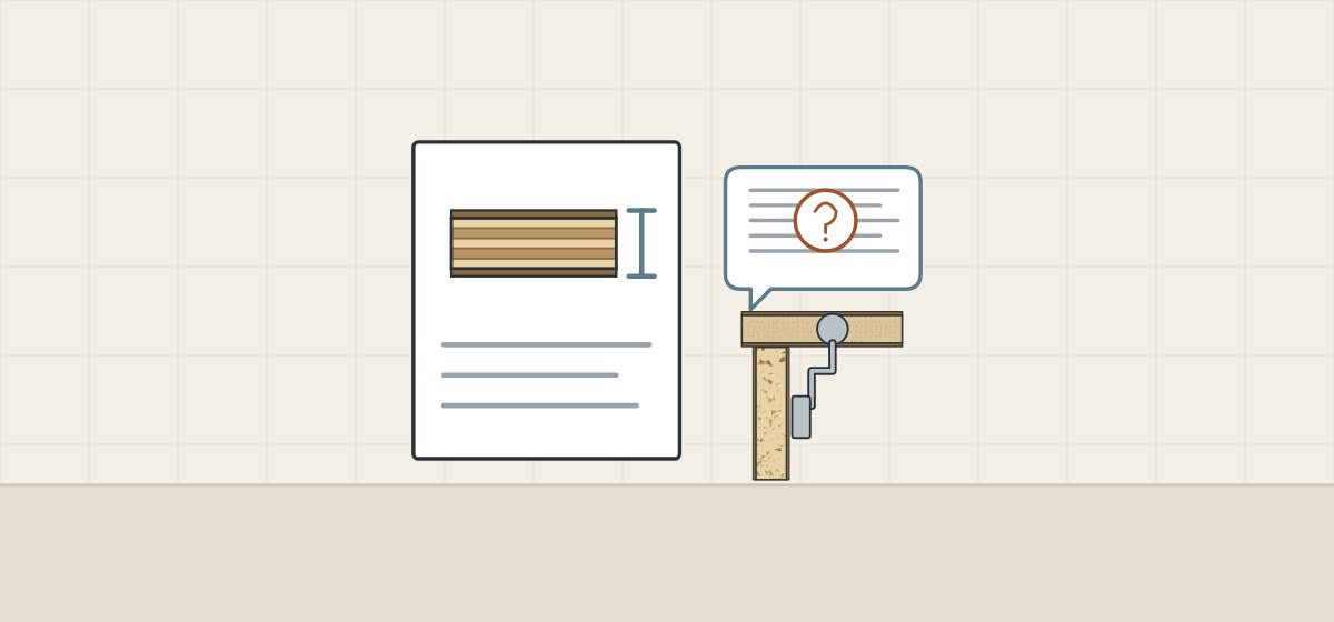 Illustration of a drawing sheet with a panel edge, a message bubble with a question mark and a hinge detail