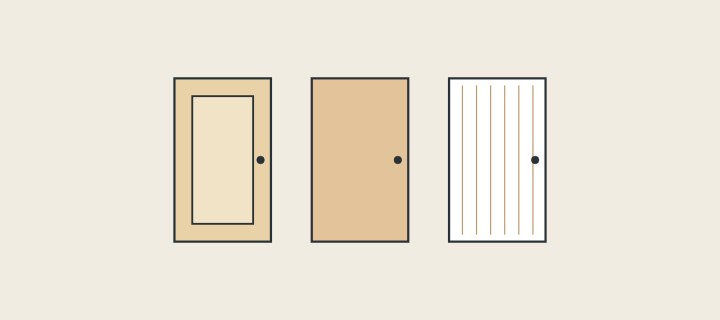 Illustration: three cabinet doors side by side: a framed panel, a plain slab and a door with a striped veneer face