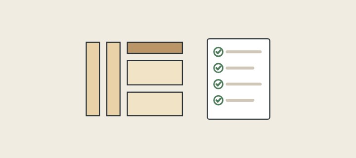 Illustration: cabinet sides, a rail and two fronts laid apart beside a list of four checked lines