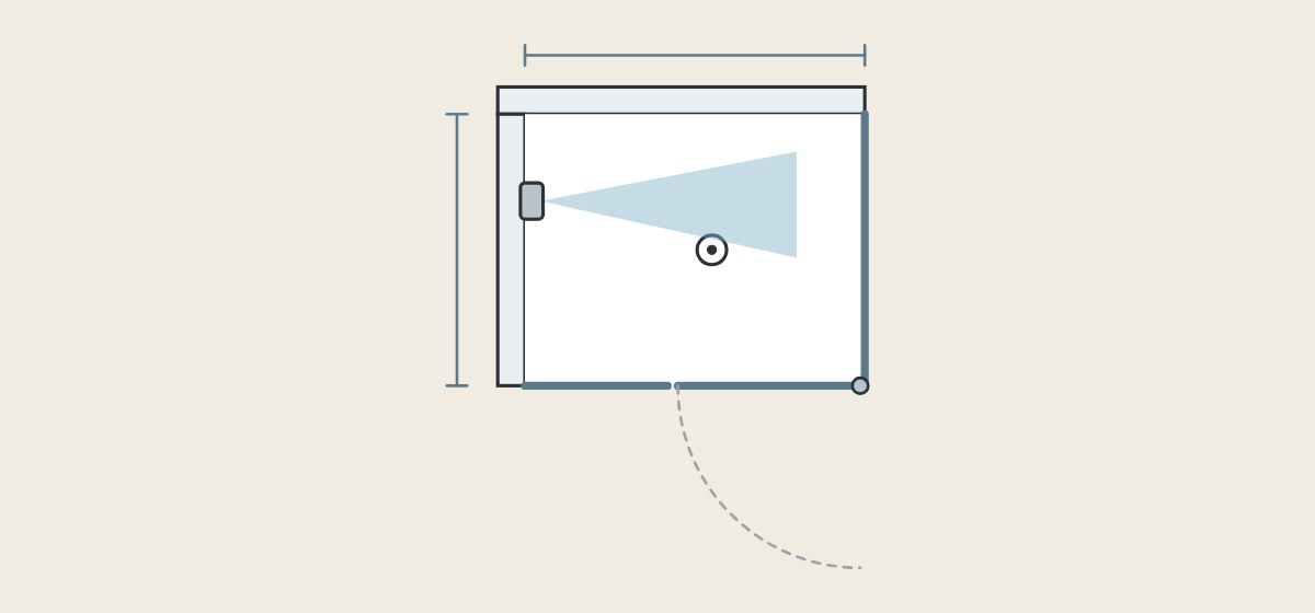 Illustration of a shower plan with walls, glass, door, shower head, spray, drain and size lines