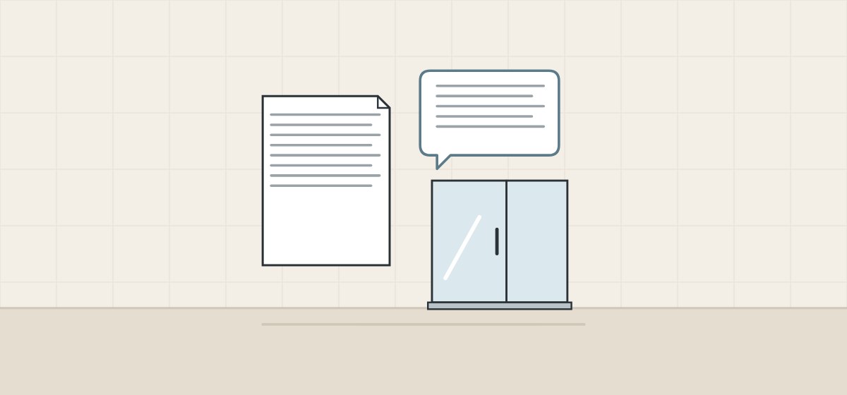 Illustration of a document, a message bubble and a glass shower enclosure